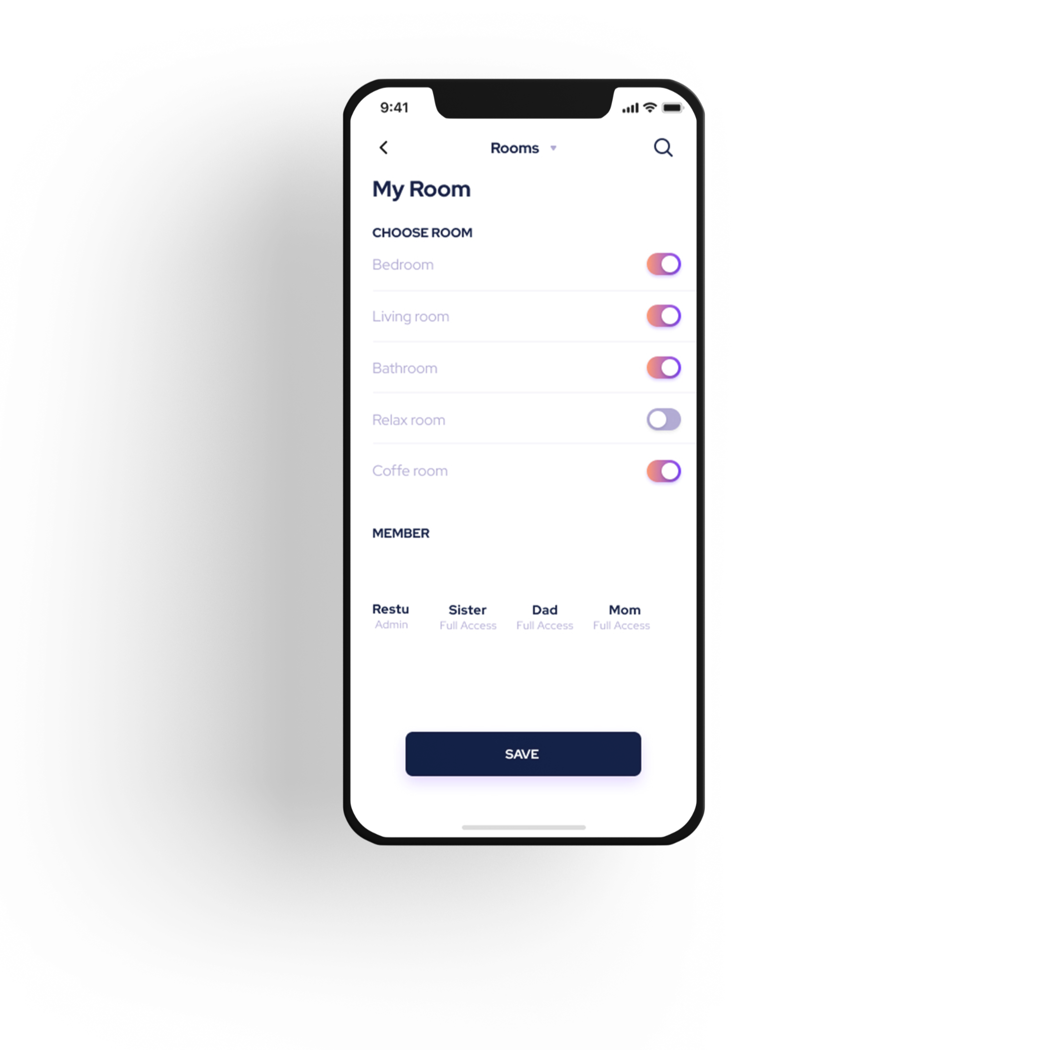 phone image showing the My Room page on the app.