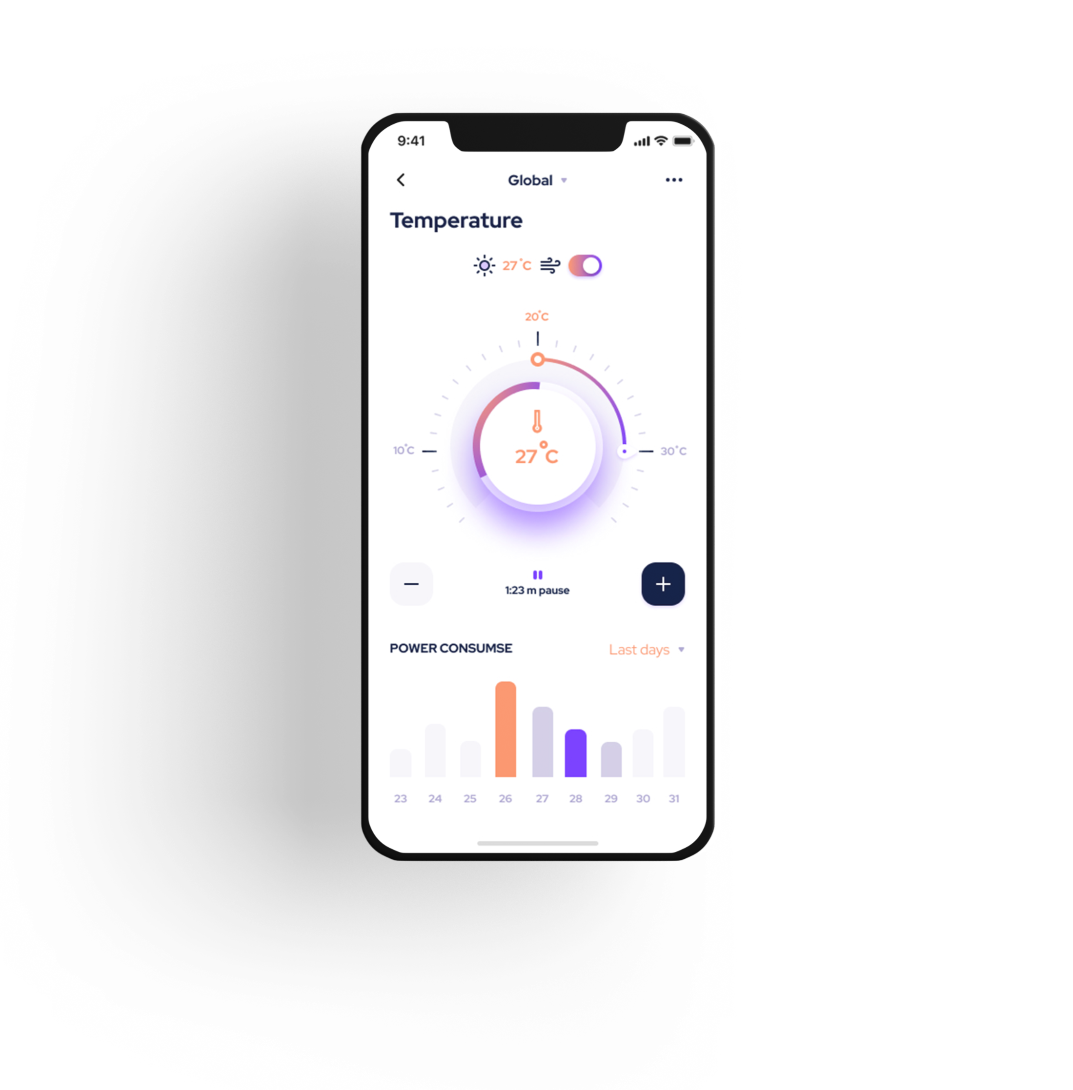 A phone image showing the Temperature page on the app.